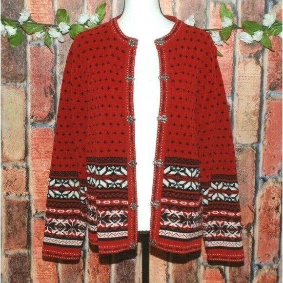 Croft & Barrow Red Nordic Fair Isle Sweater Size M Granny Core Metal Clasp Soft - Picture 8 of 10